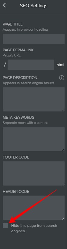 Weebly editor screenshot with arrow showing how to hide page from search engines