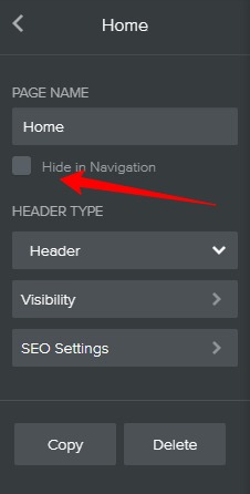 a screenshot of Weebly editor with arrow showing where to hide Weebly pages from navigation menu