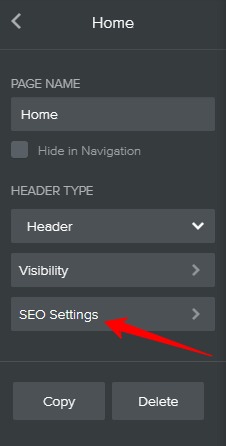 Weebly editor screenshot showing a page level SEO settings option