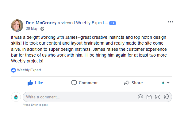 Facebook review for Weebly expert by Dee
