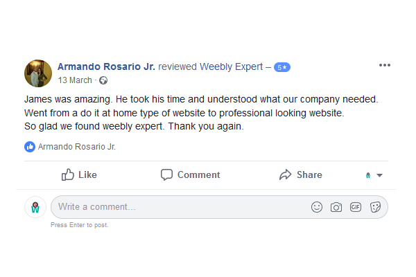 Facebook reviews for Weebly website designer