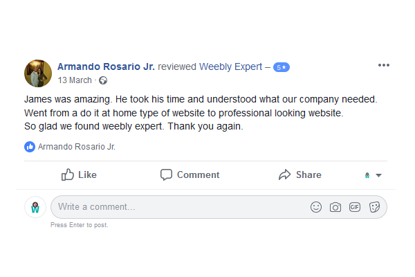 Armando left a review on Facebook for Weebly Expert about their website redesign