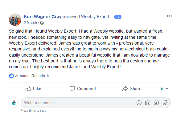 Keri commented about the website services offered by Weebly expert