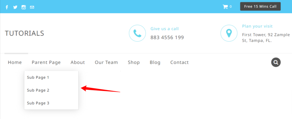 Shows a website header with Weebly sub menu indicated by a red arrow