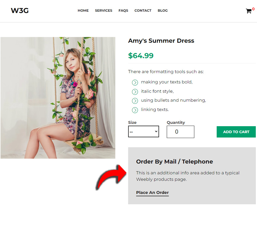 Add additional information or details area to weebly product purchase page