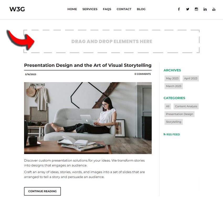 Create drag and drop content section above or- at the top of Weebly blog page