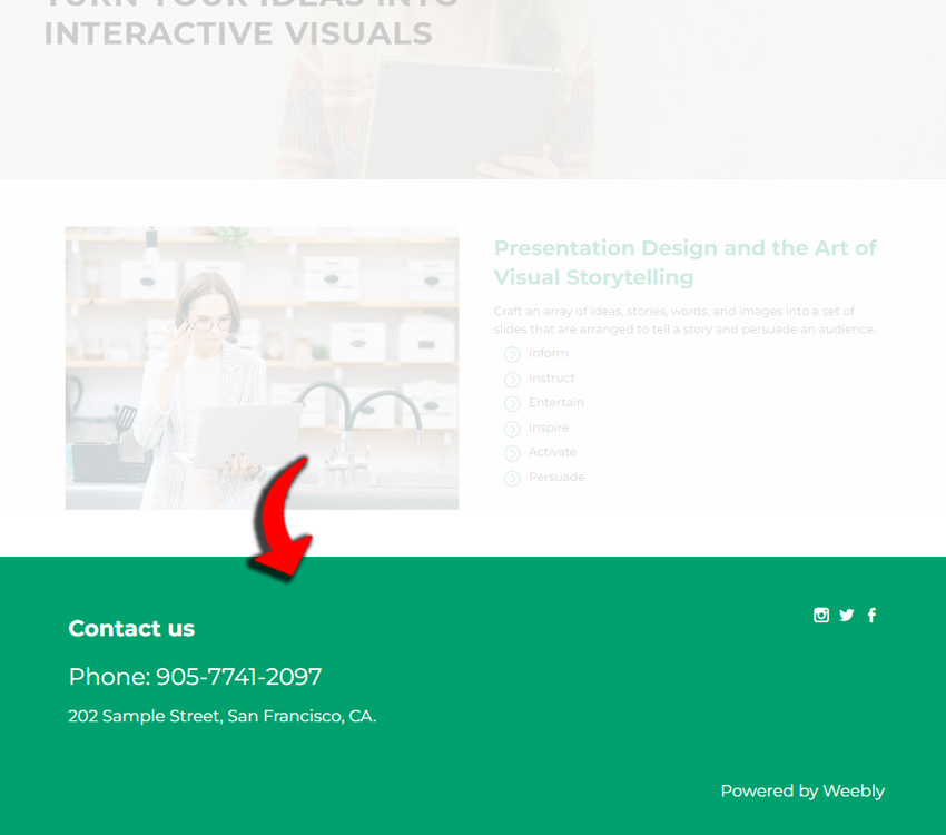 Weebly website footer background color changed to green color
