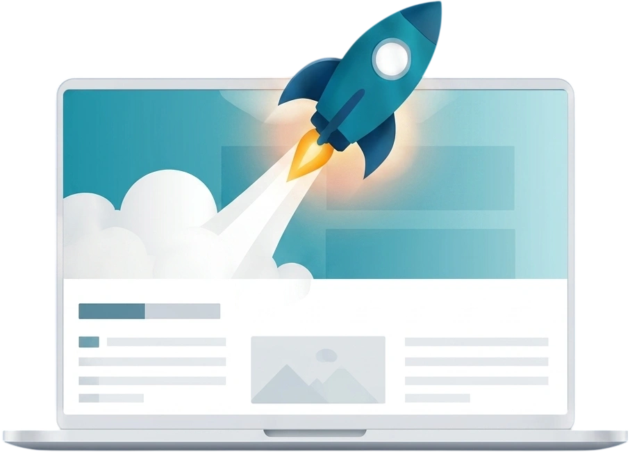 An illustrated laptop showing a webpage and rocket flying off to indicate a transfer of Weebly website to other platforms
