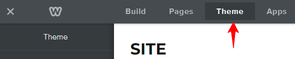 Weebly website editor or back-end with an arrow showing where to click theme settings