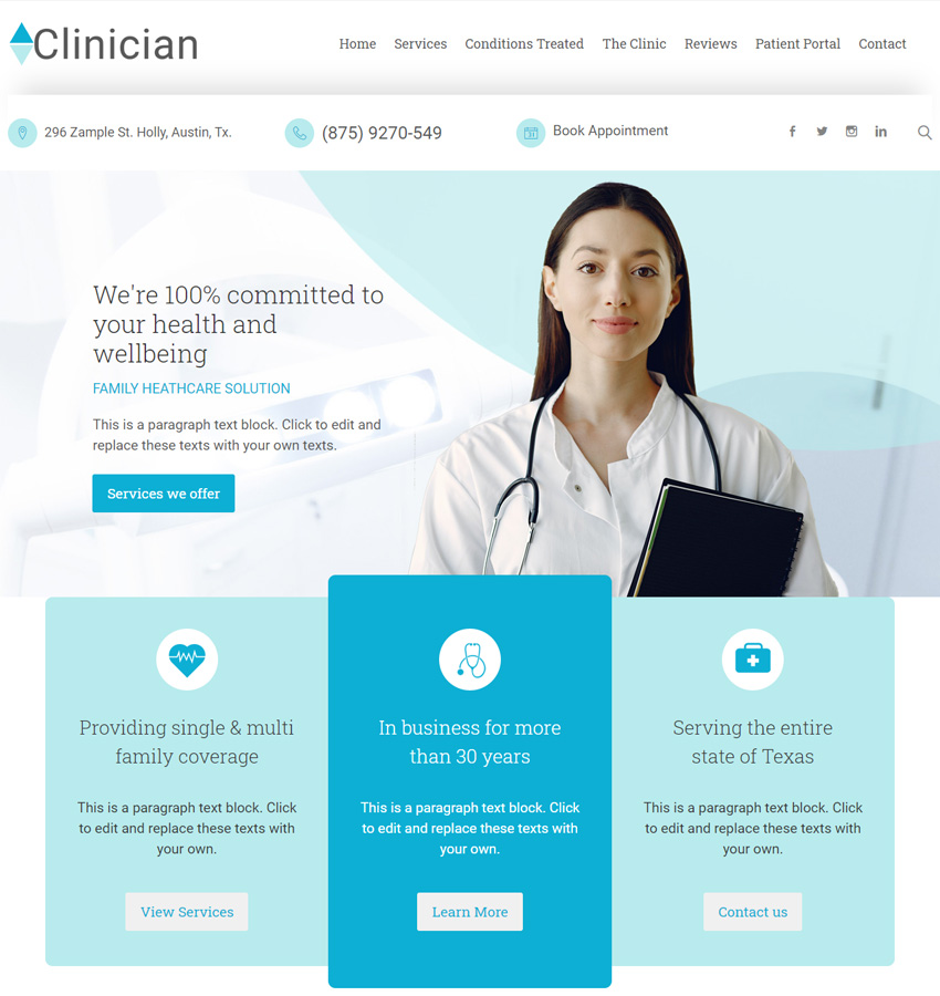 Clinician template for Weebly medical and health websites