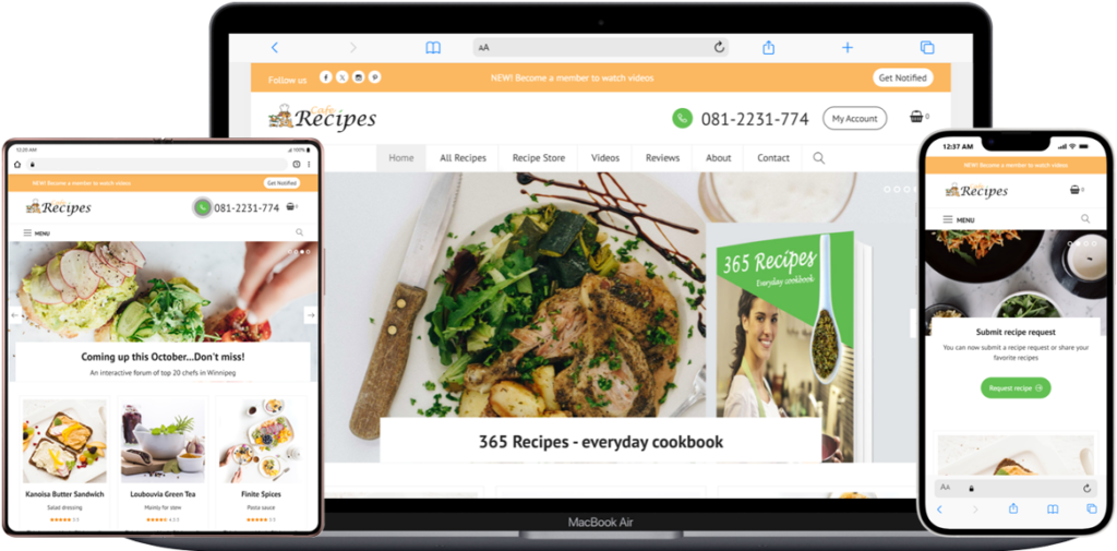 Recipes website store on a laptop, mobile and tablet devices