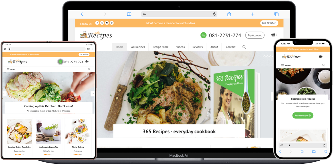 Recipes website store on a laptop, mobile and tablet devices