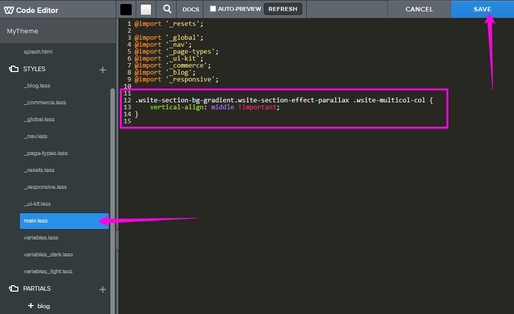 shows where to paste code to middle align weebly columns vertically