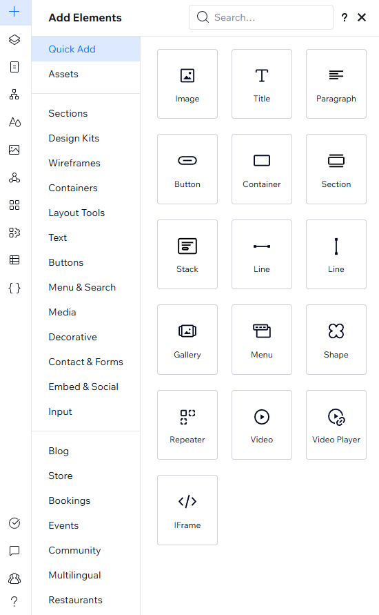 Shows Wix sidebar with list of widgets