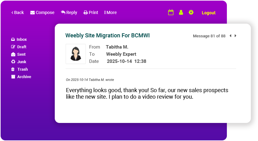 Email message about Weebly site migration for Tabitha M