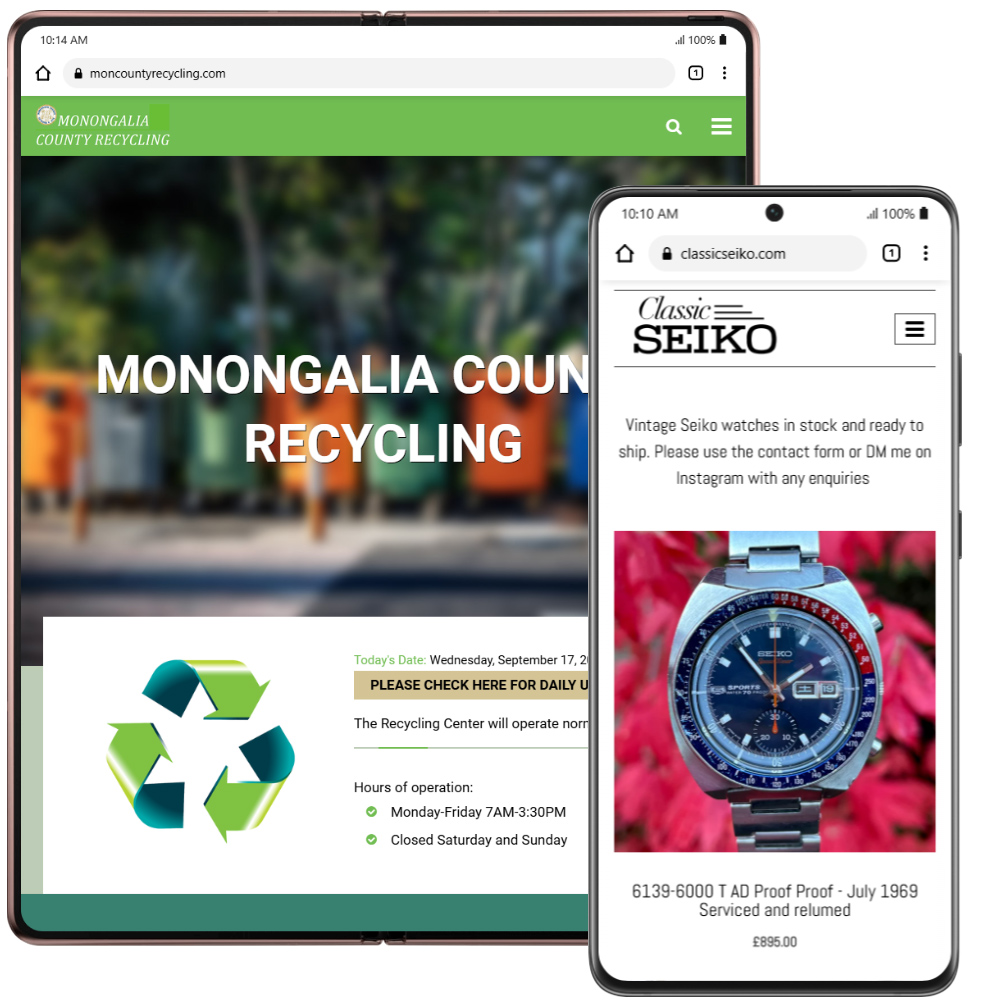 Website examples shown on 2 responsive devices including tablet and mobile phone