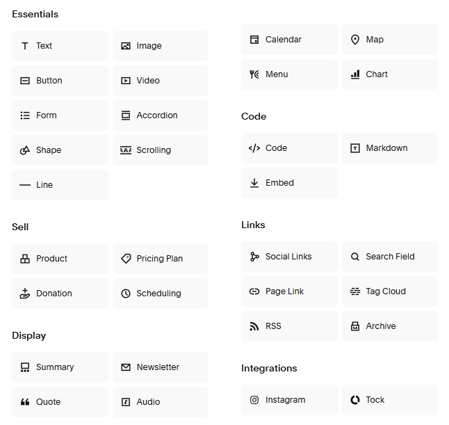 Shows Squarespace sidebar with list of content widgets