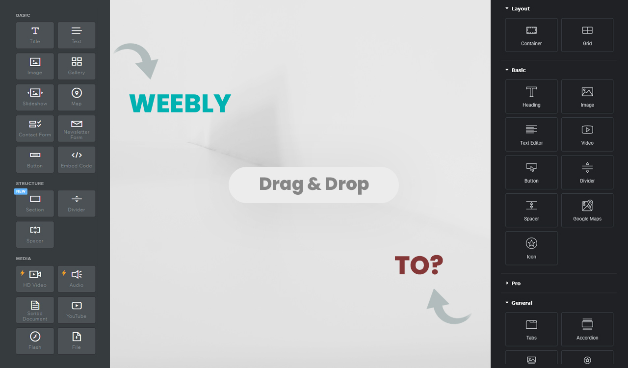 Comparing content elements of Weebly website editor vs WordPress Elementor 