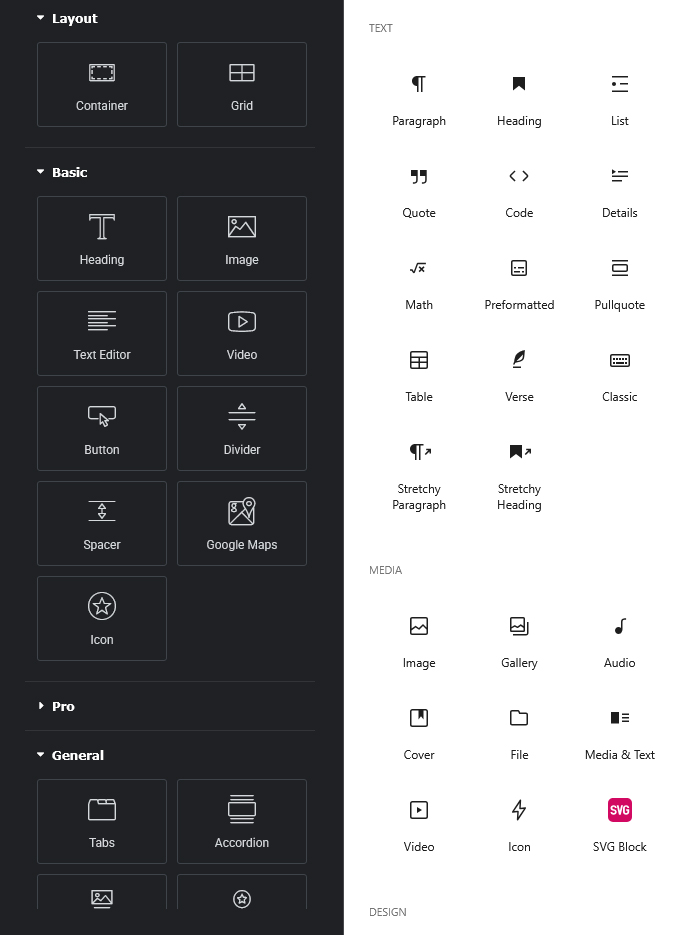 Shows WordPress Blocks and Elementor sidebar with list of widgets