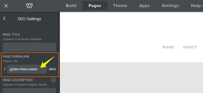 Weebly page settings showing where to enter URL permalinks