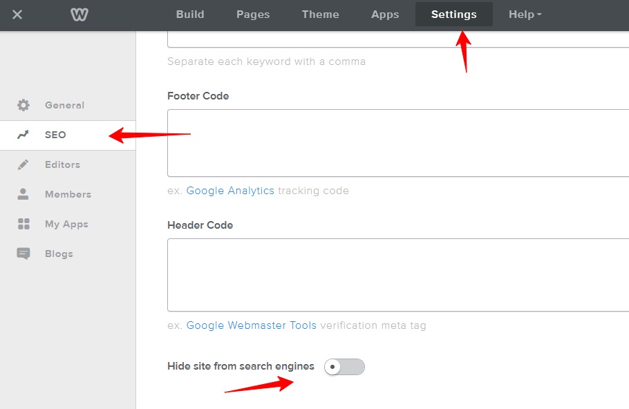 Screenshot with arrow guides showing Weebly SEO settings and pointing to hide site from search engines