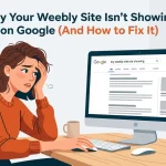 Illustration of a woman looking at google search results page and looking worried because her Weebly website is not showing on Google