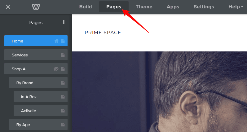 Weebly editor showing a list of pages of a weebly website and an arrow pointing to the pages tab